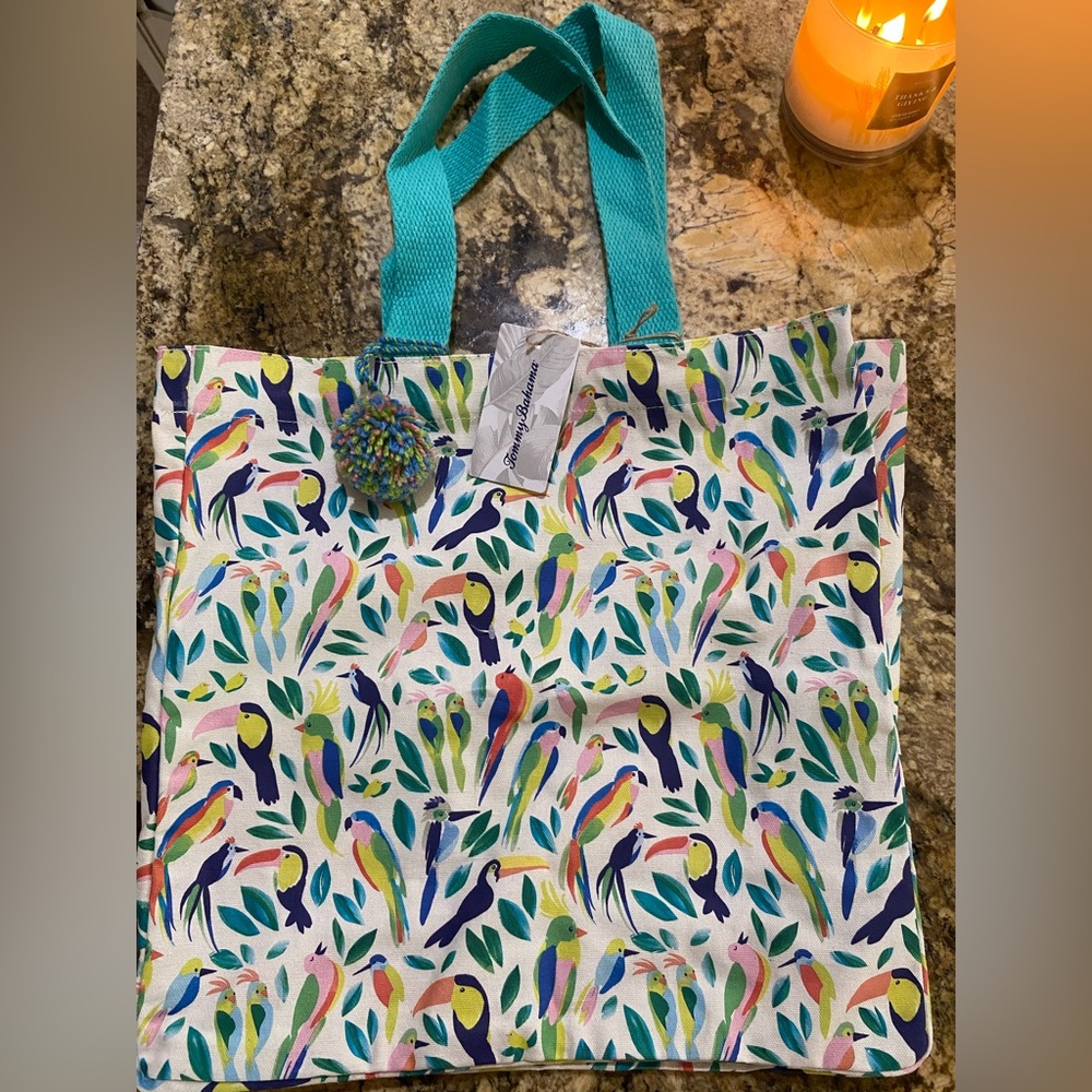 Tommy Bahama tropical Toucan birds canvas market tote Brand new! colorful pom